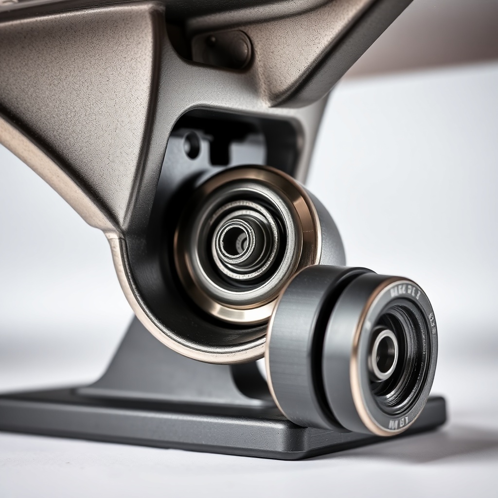 스케이트보드 데크 하단에 장착된 트럭의 킹핀과 부싱 구조를 보여주는 상세 장면